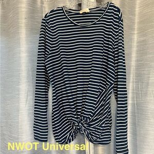 Universal Women's Navy and White Striped Long Sleeve Top Twist Front Casual